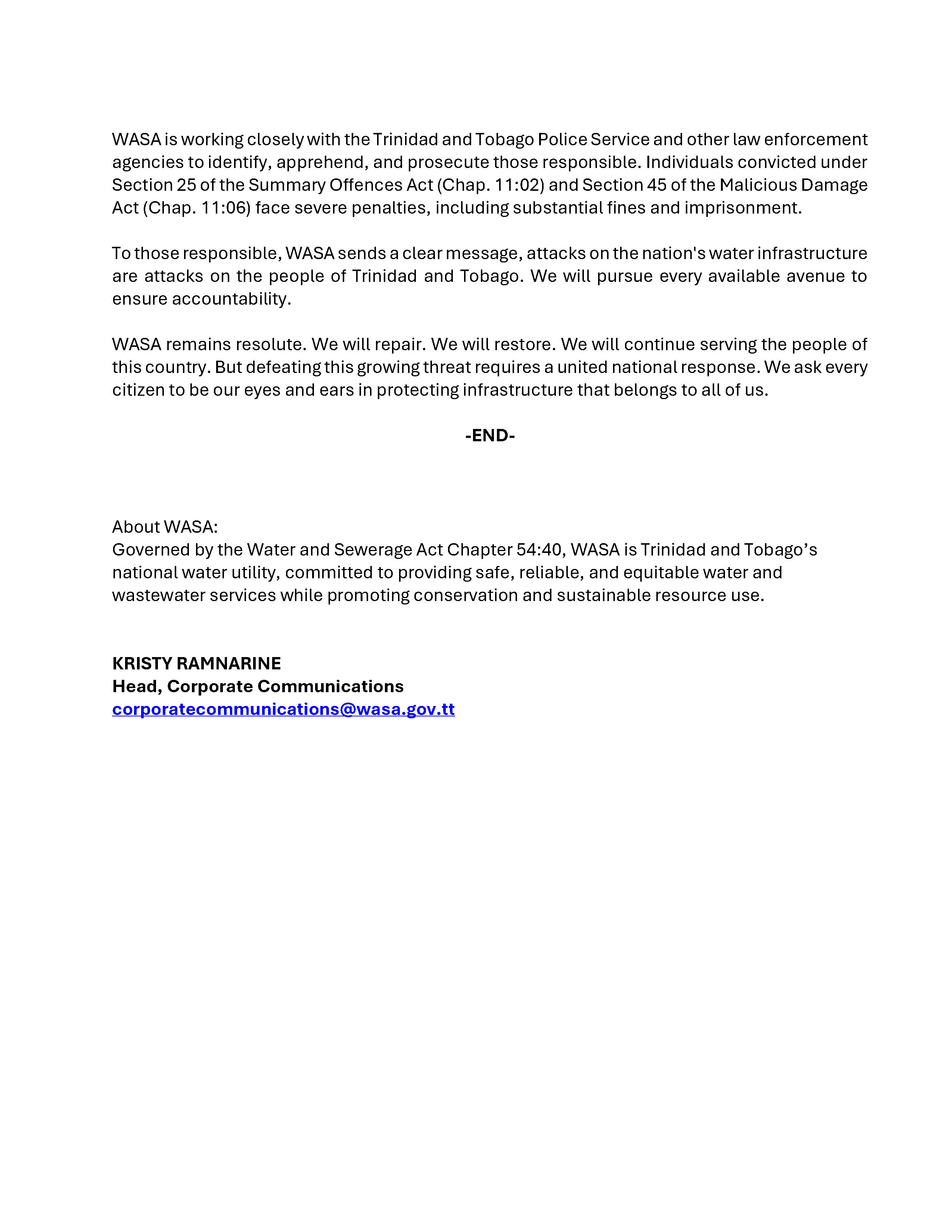 WASA Condemns Vandalism at Tabaquite Booster